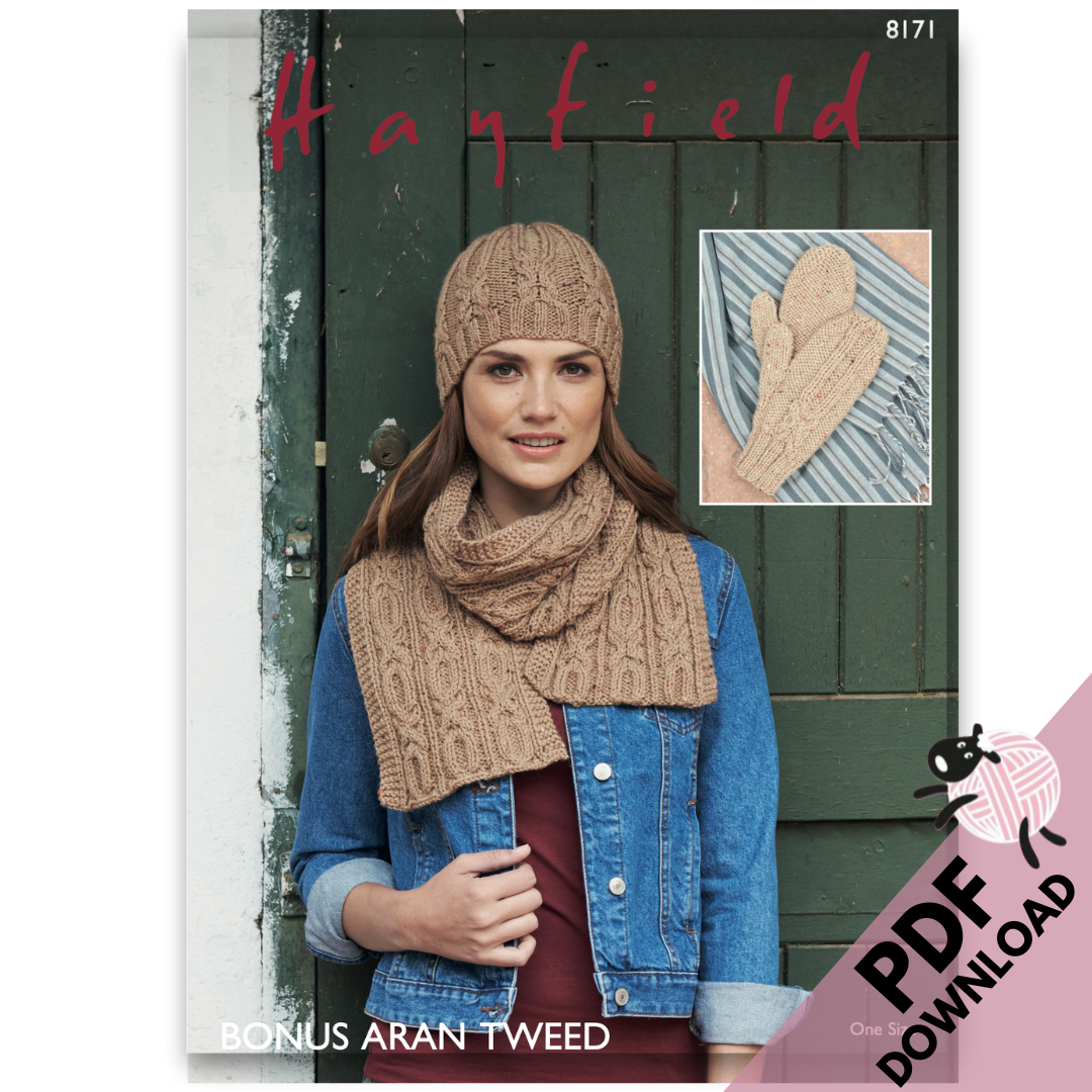 Hayfield Scarf Hat And Mittens In Aran Pattern 8171 PDF Download Hayfield Scarf Hat And Mittens In Aran Pattern 8171 PDF Download