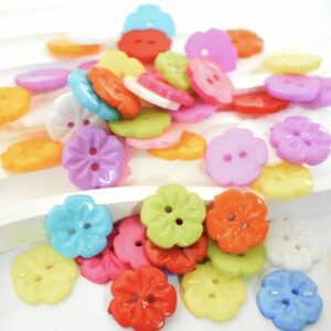 Rainbow coloured flower buttons, 15mm, plastic/resin